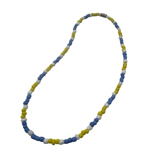 Colorful Bead Necklace Yellow Blue White Magnetic Clasp Handmade 15 Inches - Picture 1 of 5